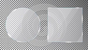 Glass plates set in circle and square shape on transparent background. Acrylic or plexiglass plate with gleams and light photo